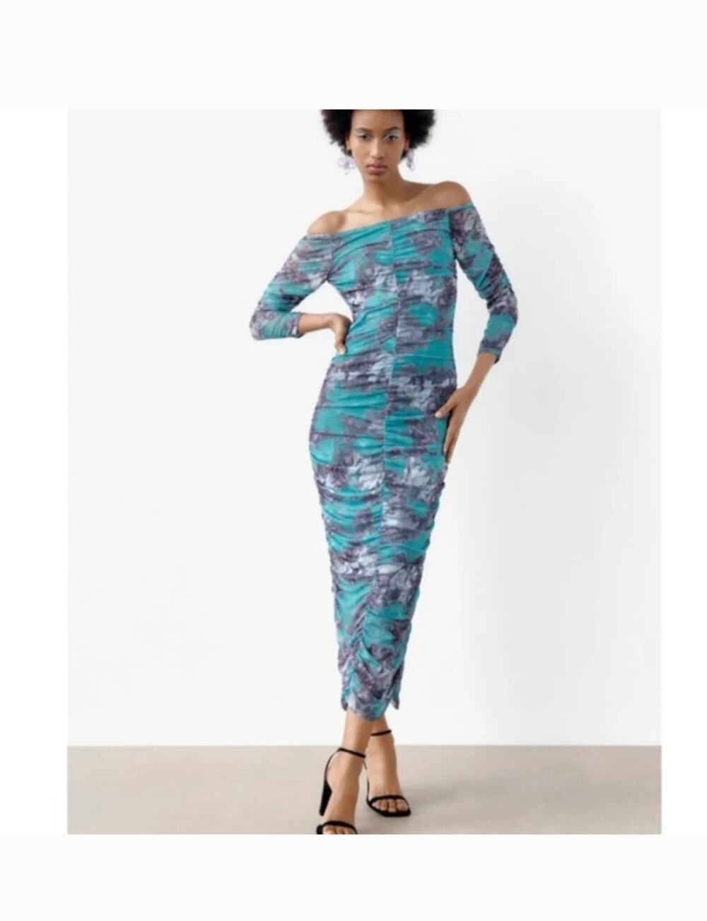 ZARA OFF-SHOULDER DRAPED RUCHED TULLE BODYCON MAXI DRESS XS